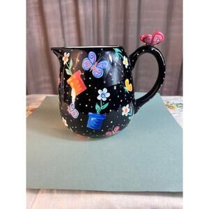 Vintage Burton and Burton Ceramic Butterflies and Flowers Black Pitcher~Ceramic